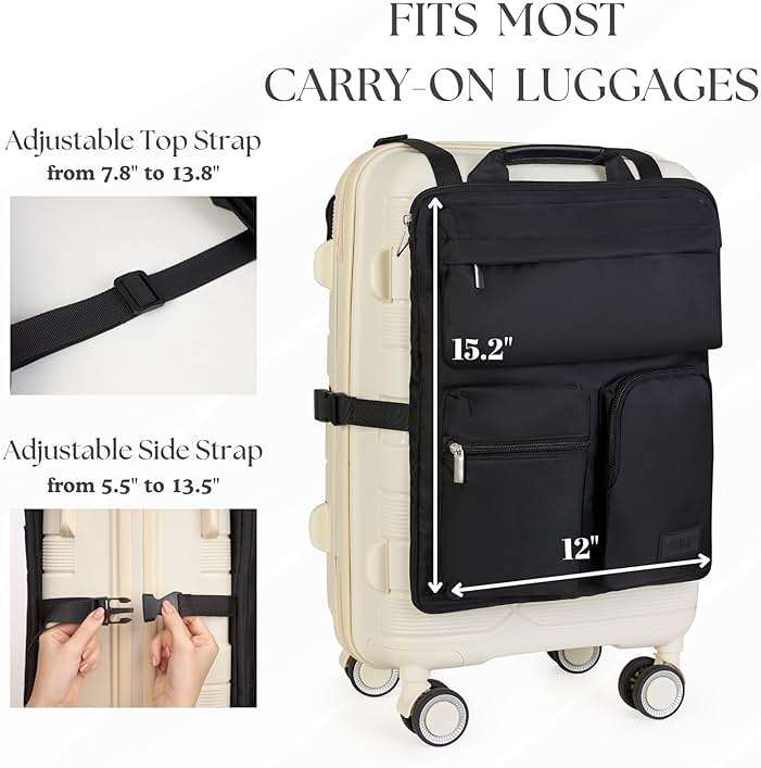 BAREFOOT CARIBOU Over Luggage Organizer for Carry On Bag or Suitcase with Storage Pockets, 16” Laptop Sleeve with Handle, Travel Accessories Bag Slide On Luggage Harness with Adjustable Straps (Black) - Image 4