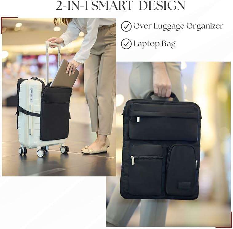 BAREFOOT CARIBOU Over Luggage Organizer for Carry On Bag or Suitcase with Storage Pockets, 16” Laptop Sleeve with Handle, Travel Accessories Bag Slide On Luggage Harness with Adjustable Straps (Black) - Image 5