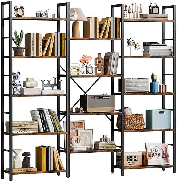Shintenchi Triple 5 Tier Bookshelf, Industrial Large Bookcase with 14 Open Display Shelves, Large Etagere Bookshelf,Wide Book Shelf Book Case for Home & Office, Brown - Image 1