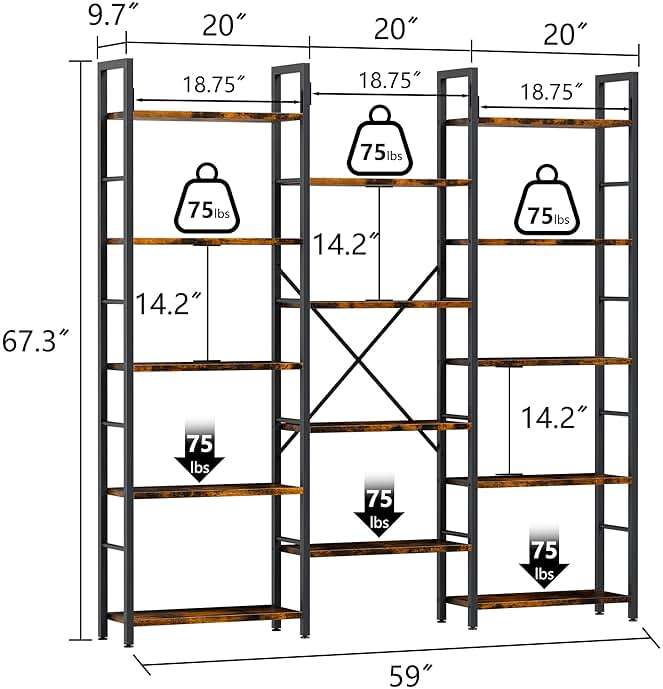 Shintenchi Triple 5 Tier Bookshelf, Industrial Large Bookcase with 14 Open Display Shelves, Large Etagere Bookshelf,Wide Book Shelf Book Case for Home & Office, Brown - Image 2
