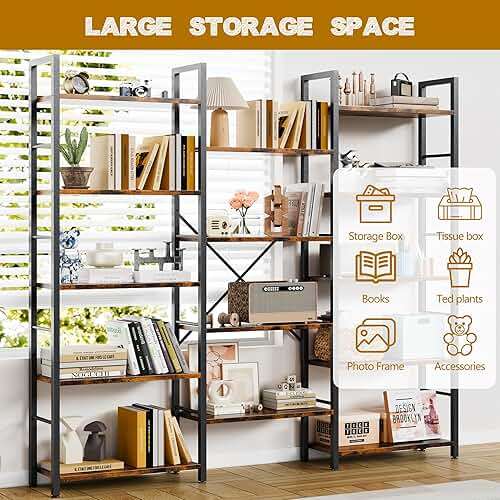 Shintenchi Triple 5 Tier Bookshelf, Industrial Large Bookcase with 14 Open Display Shelves, Large Etagere Bookshelf,Wide Book Shelf Book Case for Home & Office, Brown - Image 3