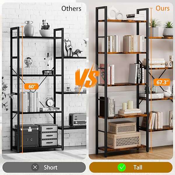 Shintenchi Triple 5 Tier Bookshelf, Industrial Large Bookcase with 14 Open Display Shelves, Large Etagere Bookshelf,Wide Book Shelf Book Case for Home & Office, Brown - Image 6