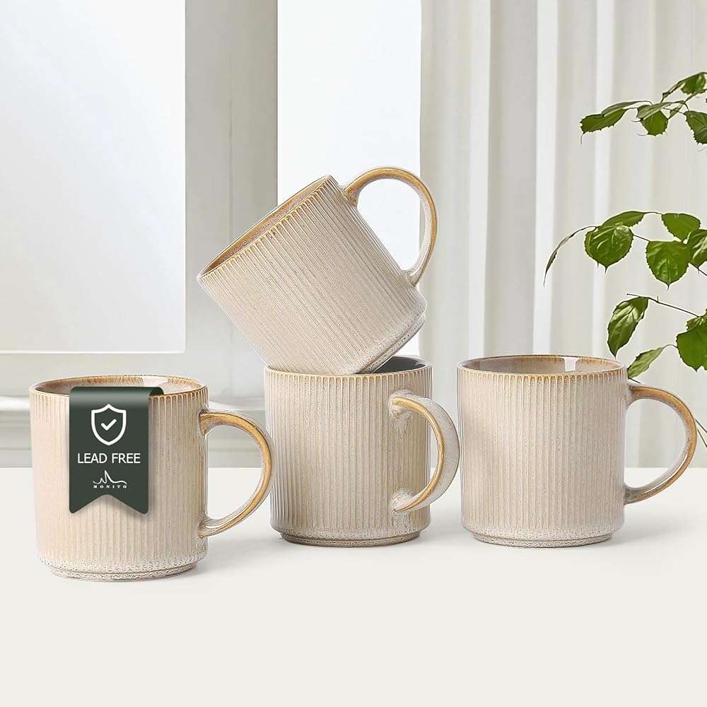 MONITO 16Oz Coffee Mugs Set of 4, Rustic Ceramic Coffee Cups Set with Large Handle, Vintage Striped Stoneware Coffee Mugs for Latte, Cocoa, Tea, Milk, Microwave & Dishwasher Safe, Bonbon Beige - Image 1