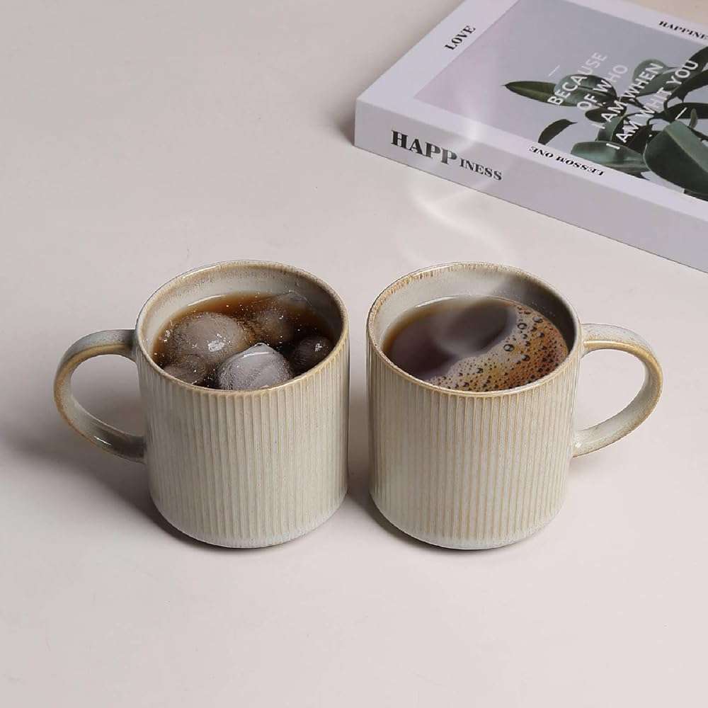 MONITO 16Oz Coffee Mugs Set of 4, Rustic Ceramic Coffee Cups Set with Large Handle, Vintage Striped Stoneware Coffee Mugs for Latte, Cocoa, Tea, Milk, Microwave & Dishwasher Safe, Bonbon Beige - Image 3