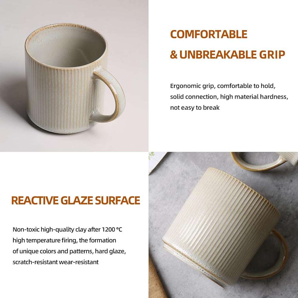 MONITO 16Oz Coffee Mugs Set of 4, Rustic Ceramic Coffee Cups Set with Large Handle, Vintage Striped Stoneware Coffee Mugs for Latte, Cocoa, Tea, Milk, Microwave & Dishwasher Safe, Bonbon Beige - Image 5