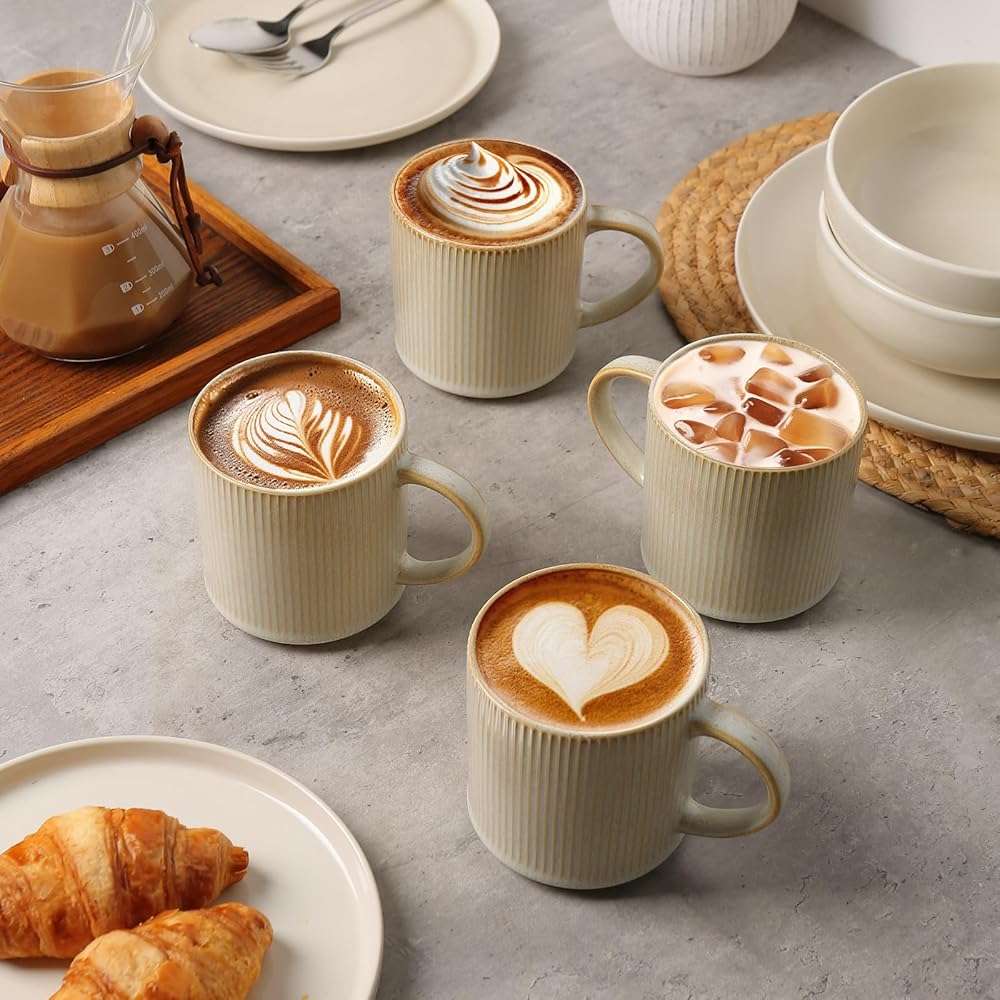 MONITO 16Oz Coffee Mugs Set of 4, Rustic Ceramic Coffee Cups Set with Large Handle, Vintage Striped Stoneware Coffee Mugs for Latte, Cocoa, Tea, Milk, Microwave & Dishwasher Safe, Bonbon Beige - Image 6