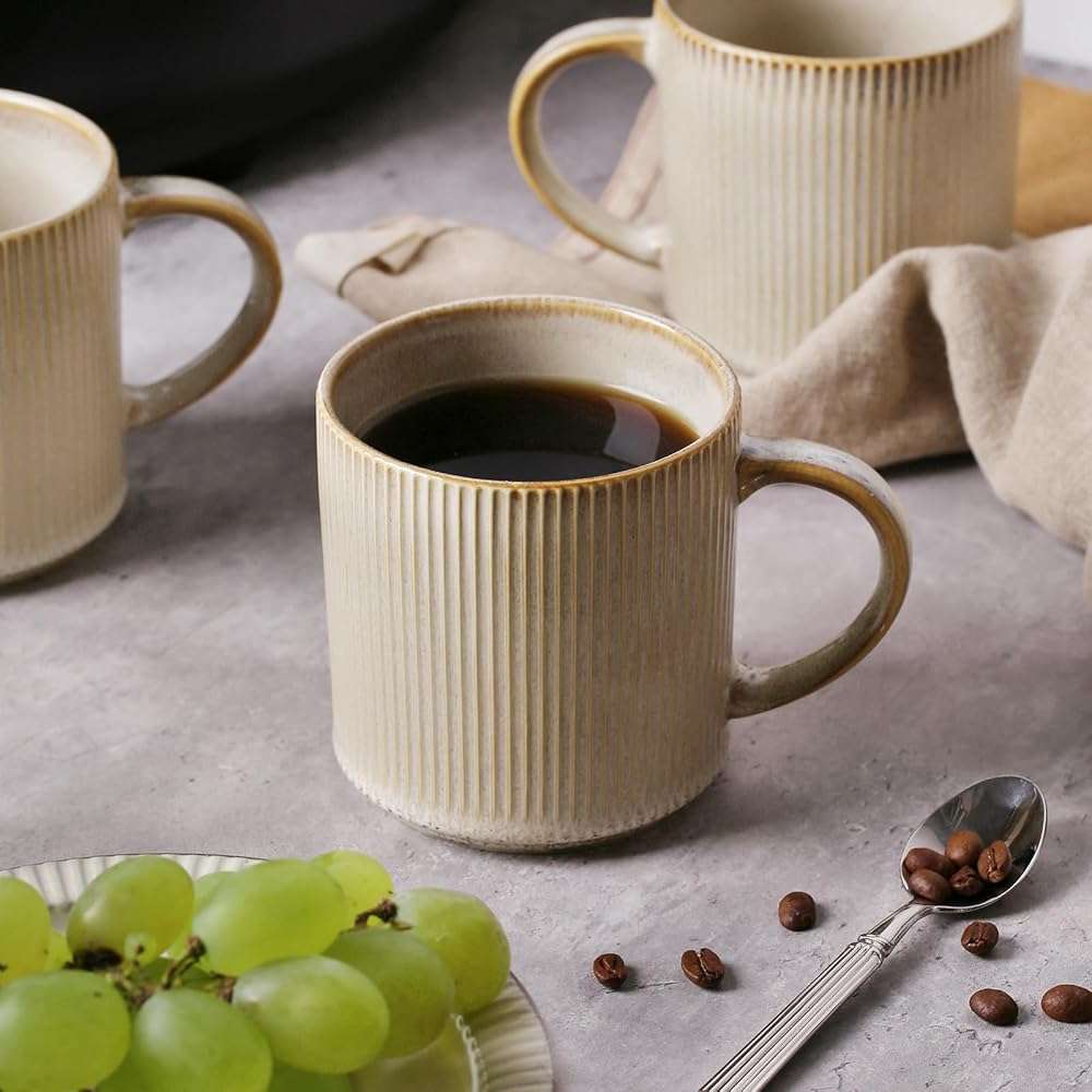 MONITO 16Oz Coffee Mugs Set of 4, Rustic Ceramic Coffee Cups Set with Large Handle, Vintage Striped Stoneware Coffee Mugs for Latte, Cocoa, Tea, Milk, Microwave & Dishwasher Safe, Bonbon Beige - Image 7