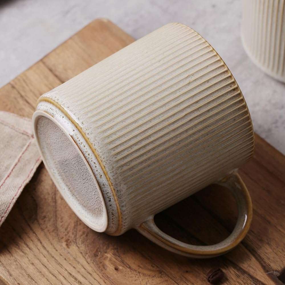 MONITO 16Oz Coffee Mugs Set of 4, Rustic Ceramic Coffee Cups Set with Large Handle, Vintage Striped Stoneware Coffee Mugs for Latte, Cocoa, Tea, Milk, Microwave & Dishwasher Safe, Bonbon Beige - Image 8