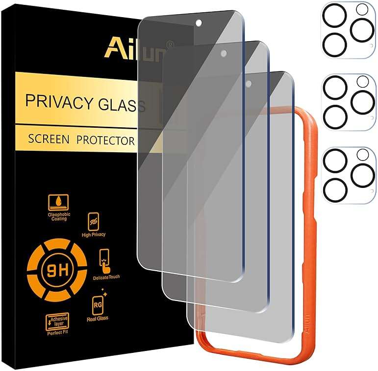 Ailun 3 Pack Privacy Screen Protector for iPhone 16 Pro Max [6.9 inch]+ 3 Pack Camera Lens Protector,Dynamic Island Compatible,Anti Spy Tempered Glass[9H Hardness][Not for iPhone 16e/16/16Pro/16Plus] - Image 1