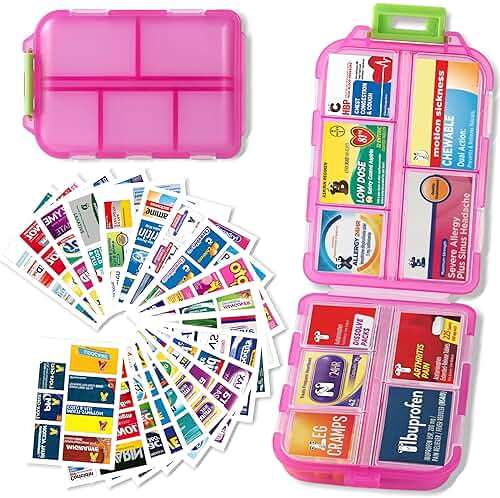 Pill Organizer with Medicine Labels Travel Daily Pill Container Mini Medication Organizer Storage Pill Organizer Travel Essentials Pill Case 7 Day (Pink & 161 Lables) - Image 1