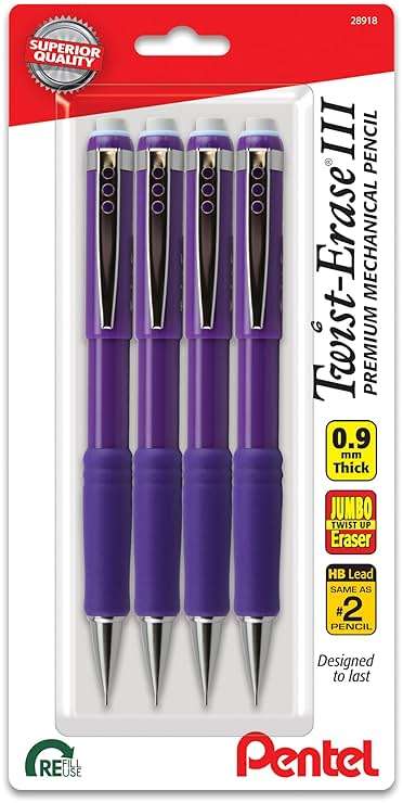 Pentel Twist-Erase III Mechanical Pencil, (0.9mm), Bold Line, Violet Barrel, Pack of 4 (QE519BP4V) - Image 1