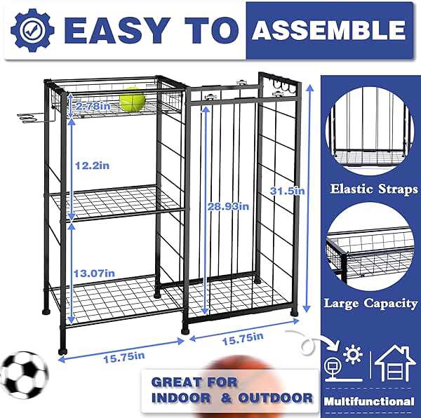 Sports Equipment Organizer, Ball Storage Rack with Elastic Straps and Removable Basket for Garage Organization, Garage Organizer with Hooks for Toy Sports Gear Storage, Sports Ball Storage Cart, Black - Image 2