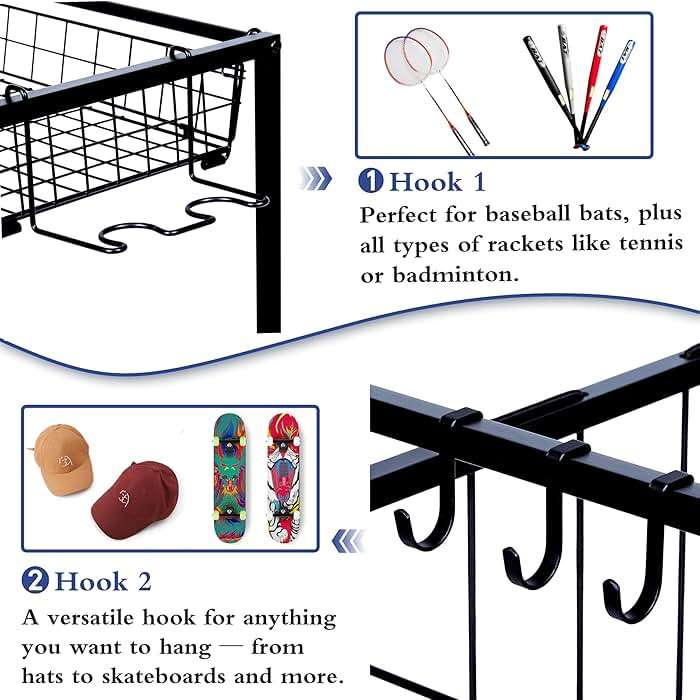 Sports Equipment Organizer, Ball Storage Rack with Elastic Straps and Removable Basket for Garage Organization, Garage Organizer with Hooks for Toy Sports Gear Storage, Sports Ball Storage Cart, Black - Image 3