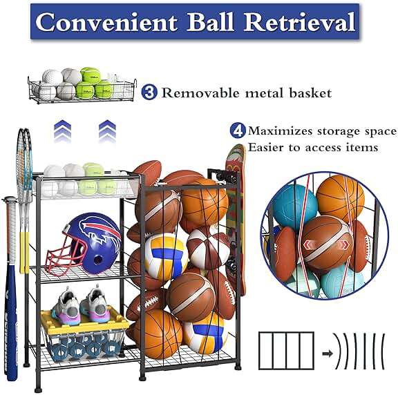 Sports Equipment Organizer, Ball Storage Rack with Elastic Straps and Removable Basket for Garage Organization, Garage Organizer with Hooks for Toy Sports Gear Storage, Sports Ball Storage Cart, Black - Image 4