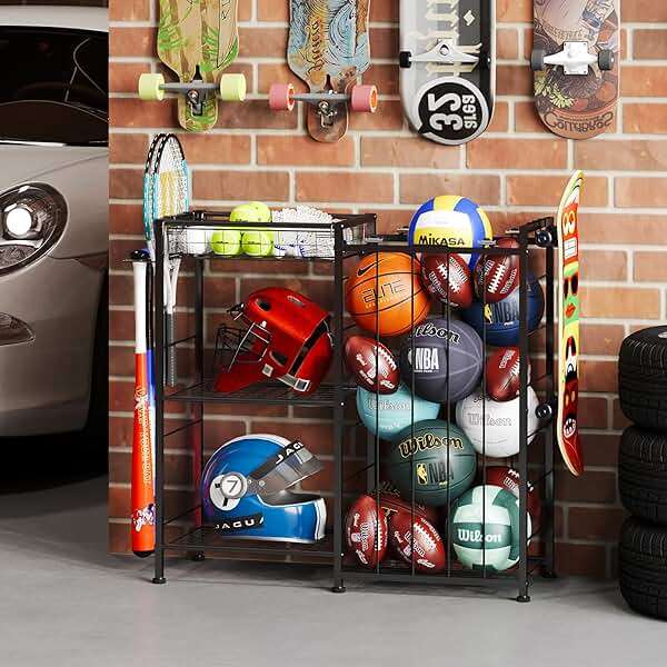 Sports Equipment Organizer, Ball Storage Rack with Elastic Straps and Removable Basket for Garage Organization, Garage Organizer with Hooks for Toy Sports Gear Storage, Sports Ball Storage Cart, Black - Image 5