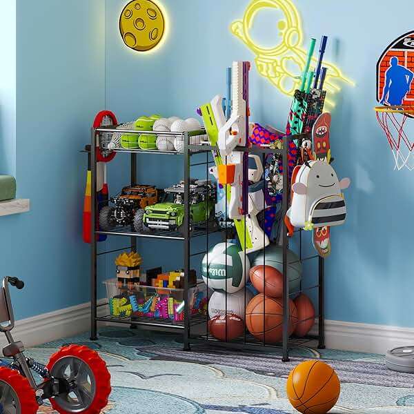 Sports Equipment Organizer, Ball Storage Rack with Elastic Straps and Removable Basket for Garage Organization, Garage Organizer with Hooks for Toy Sports Gear Storage, Sports Ball Storage Cart, Black - Image 6
