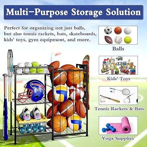 Sports Equipment Organizer, Ball Storage Rack with Elastic Straps and Removable Basket for Garage Organization, Garage Organizer with Hooks for Toy Sports Gear Storage, Sports Ball Storage Cart, Black - Image 7