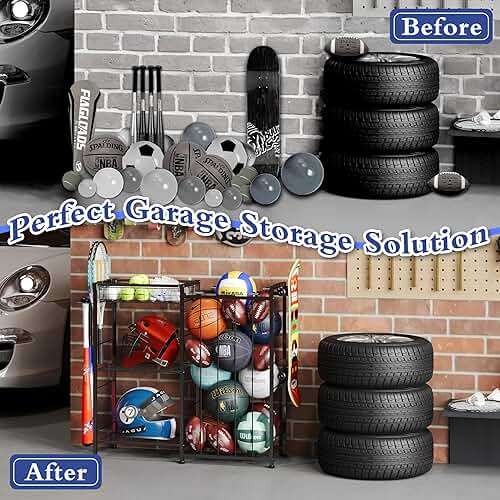Sports Equipment Organizer, Ball Storage Rack with Elastic Straps and Removable Basket for Garage Organization, Garage Organizer with Hooks for Toy Sports Gear Storage, Sports Ball Storage Cart, Black - Image 9