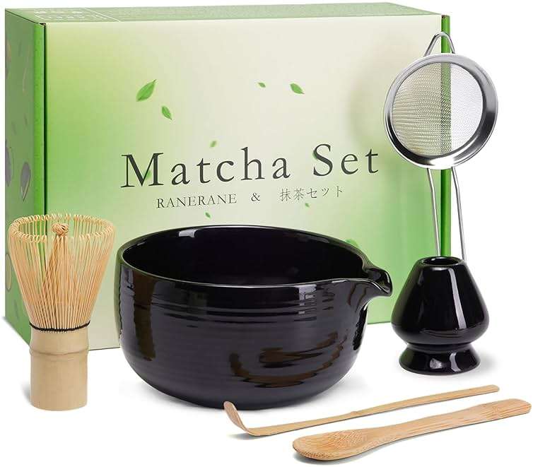 Matcha Whisk Set, Ceramic Matcha Set Includes Matcha Bowl, Matcha Whisk (Chasen) and Holder, Sifter, Bamboo Scoop & Spoon - 6 Pcs Matcha Kit for Matcha Lovers Black - Image 1