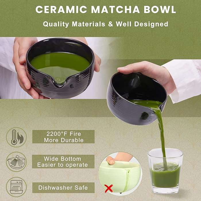 Matcha Whisk Set, Ceramic Matcha Set Includes Matcha Bowl, Matcha Whisk (Chasen) and Holder, Sifter, Bamboo Scoop & Spoon - 6 Pcs Matcha Kit for Matcha Lovers Black - Image 4