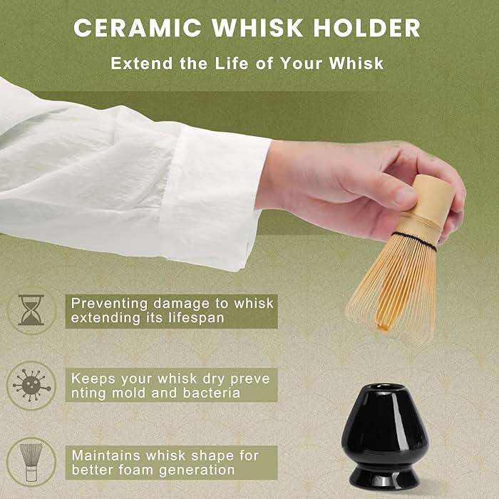 Matcha Whisk Set, Ceramic Matcha Set Includes Matcha Bowl, Matcha Whisk (Chasen) and Holder, Sifter, Bamboo Scoop & Spoon - 6 Pcs Matcha Kit for Matcha Lovers Black - Image 5