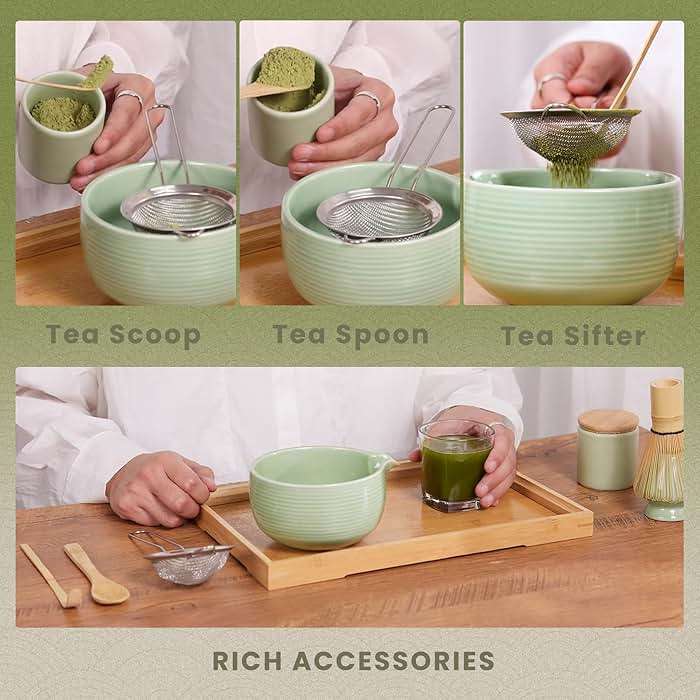 Matcha Whisk Set, Ceramic Matcha Set Includes Matcha Bowl, Matcha Whisk (Chasen) and Holder, Sifter, Bamboo Scoop & Spoon - 6 Pcs Matcha Kit for Matcha Lovers Black - Image 6