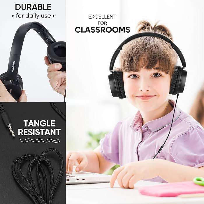 A+ Scholars Kids Headphones Bulk 5 Pack for School, HD Mic Stereo Sound Over-Ear Headphones for Classroom, Comfortable Fit, Foldable, 3.5mm Jack Wired Headphones for Kids ipad Tablets Computer Travel - Image 3
