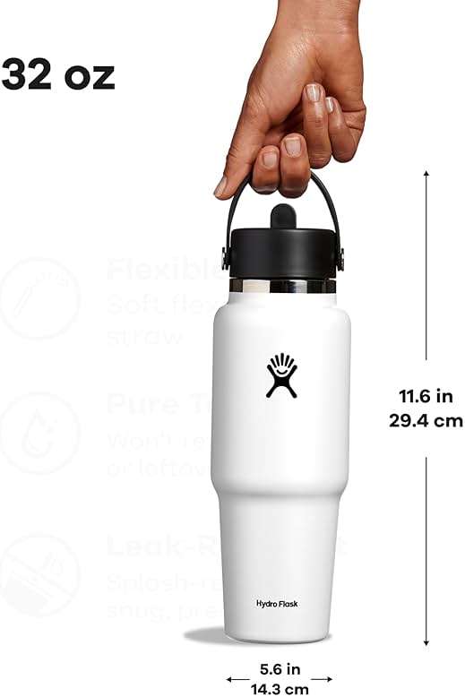 Hydro Flask Travel Water Bottle - Insulated Stainless Steel - Wide Straw Lid, Non Spill, Leakproof in 32 Oz White - Image 2