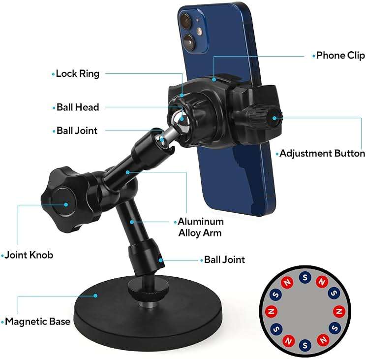 HOYXUN Magnetic Phone Holder for Gym, Heavy Duty 360° Adjustable Metal Arm | Super Strong N52 Magnet with Non-Slip Base for Power Rack, Universal Clip for all Smartphones, Home Workout Essentials - Image 2