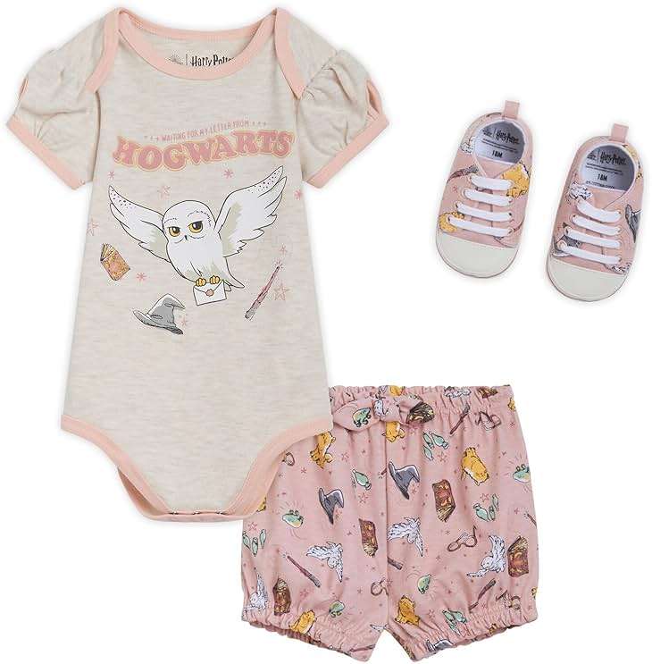 Harry Potter Baby Bodysuit, Shorts and Shoes 3 Piece Outfit Set Newborn to Infant Sizes (0-3 Months - 24 Months) - Image 1