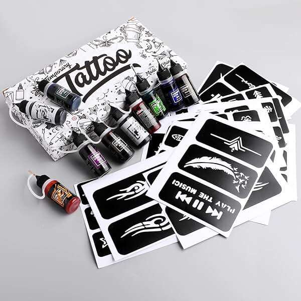 STIGMA Temporary Tattoo Kit 10 Bottles Color Inks, 84 Pcs Stencils Kit for Body Paint DIY Tattoos Temp, 8 Colors DIY Fake Tattoo for Women Kids - Image 2