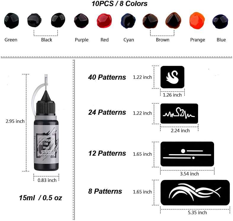 STIGMA Temporary Tattoo Kit 10 Bottles Color Inks, 84 Pcs Stencils Kit for Body Paint DIY Tattoos Temp, 8 Colors DIY Fake Tattoo for Women Kids - Image 4