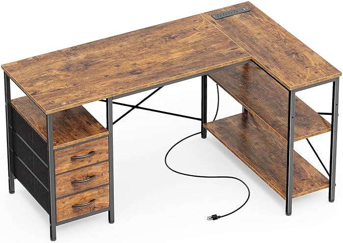 Huuger L Shaped Office Desk with Power Outlets, 47 Inch Computer Desk with 3 Drawers, Shelves, for Gaming, Corner Work, Home Office, Study, Rustic Brown - Image 1