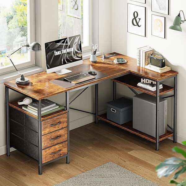 Huuger L Shaped Office Desk with Power Outlets, 47 Inch Computer Desk with 3 Drawers, Shelves, for Gaming, Corner Work, Home Office, Study, Rustic Brown - Image 2