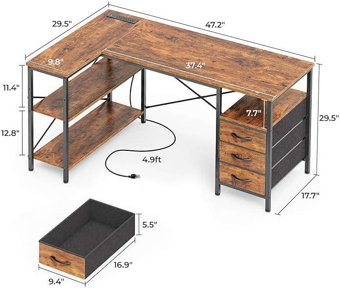 Huuger L Shaped Office Desk with Power Outlets, 47 Inch Computer Desk with 3 Drawers, Shelves, for Gaming, Corner Work, Home Office, Study, Rustic Brown - Image 3