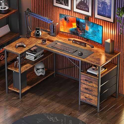 Huuger L Shaped Office Desk with Power Outlets, 47 Inch Computer Desk with 3 Drawers, Shelves, for Gaming, Corner Work, Home Office, Study, Rustic Brown - Image 8