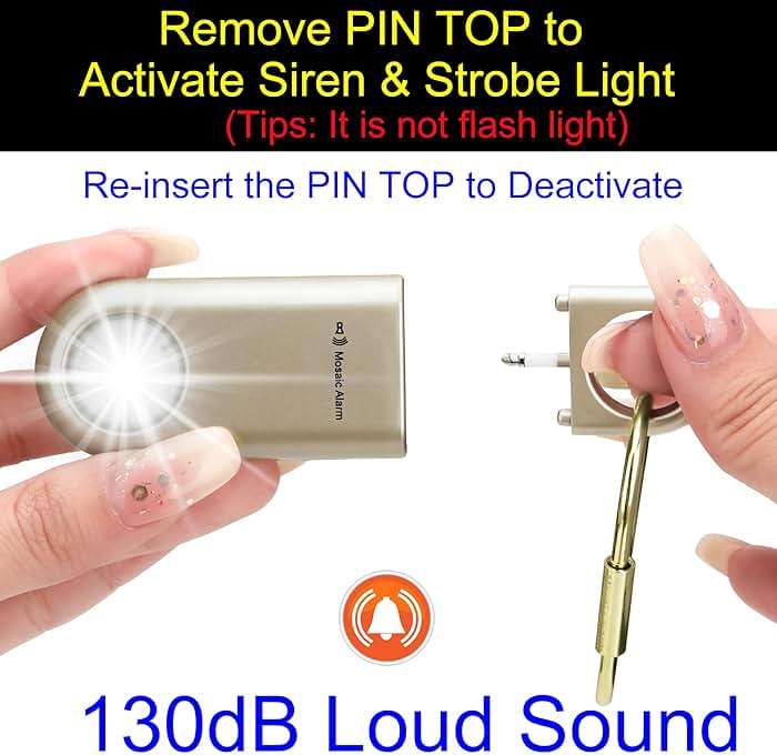 130dB Personal Safety Alarm Ultra Bright Strobe Light. Loud Sound Keychain Siren for Women, School Children, Night Runners, Hiking. Bear Alarm Deterrent. SOS Emergency Self Defense Alerts. Gold - Image 5