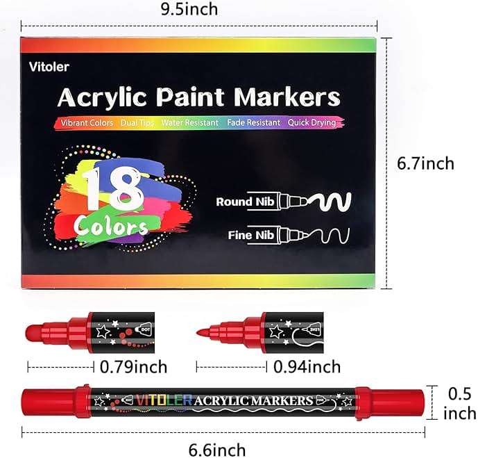Vitoler Acrylic Paint Markers,18pcs Paint Pens, Acrylic Markers Sets With Brush Tip and Dot Tip for Rocks Wood, Art Supplies - Image 2