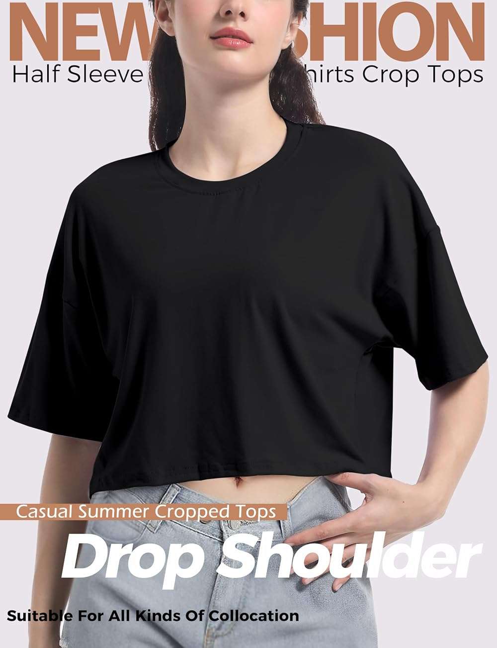 Women's Basic Crop Top Drop Shoulder T Shirt Half Sleeve Cropped Tee Crewneck Short Sleeve Casual Summer Solid Crop Tops - Image 2