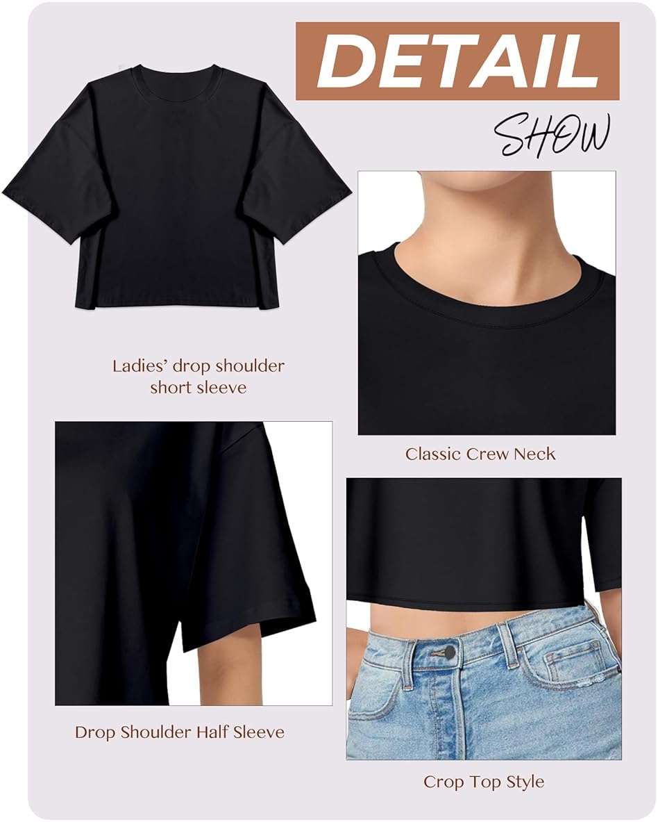 Women's Basic Crop Top Drop Shoulder T Shirt Half Sleeve Cropped Tee Crewneck Short Sleeve Casual Summer Solid Crop Tops - Image 4