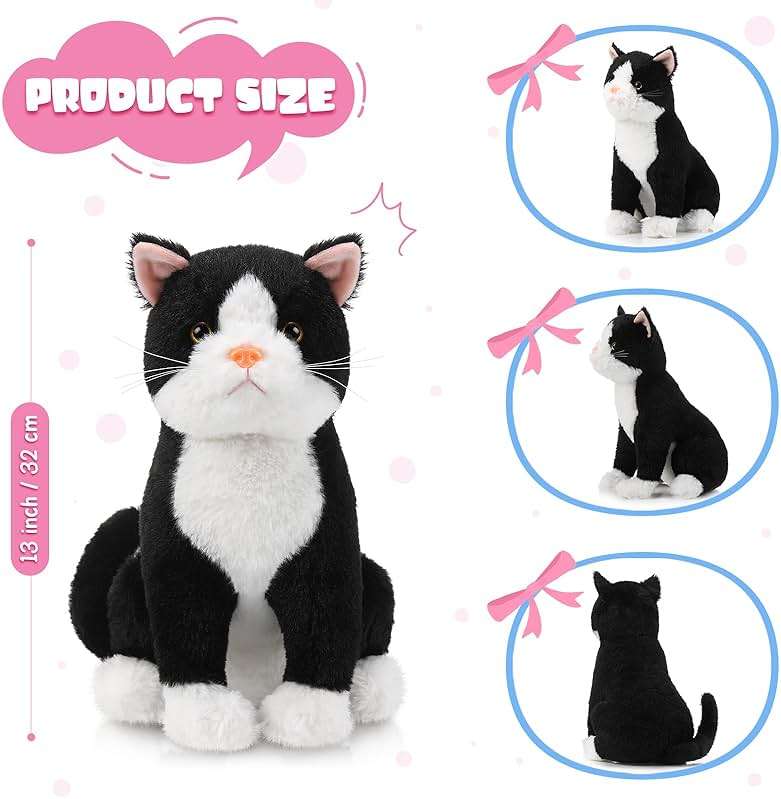 Libima 13 Inch Tuxedo Cat Stuffed Animal Realistic Black and White Cat Plush Soft Stuffed Tuxedo Kitten Plushie for Birthday Gifts Pet Party Favors Bedroom Sofa Decors - Image 4