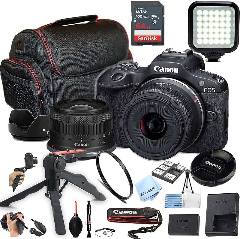 Canon EOS R100 24.2MP APS-C CMOS Sensor Mirrorless Camera with 18-45mm Lens + Case + 64GB Ultra Memory Card + LED Video Light + Filter + More (Essential Bundle) (Renewed), Black - Image 1