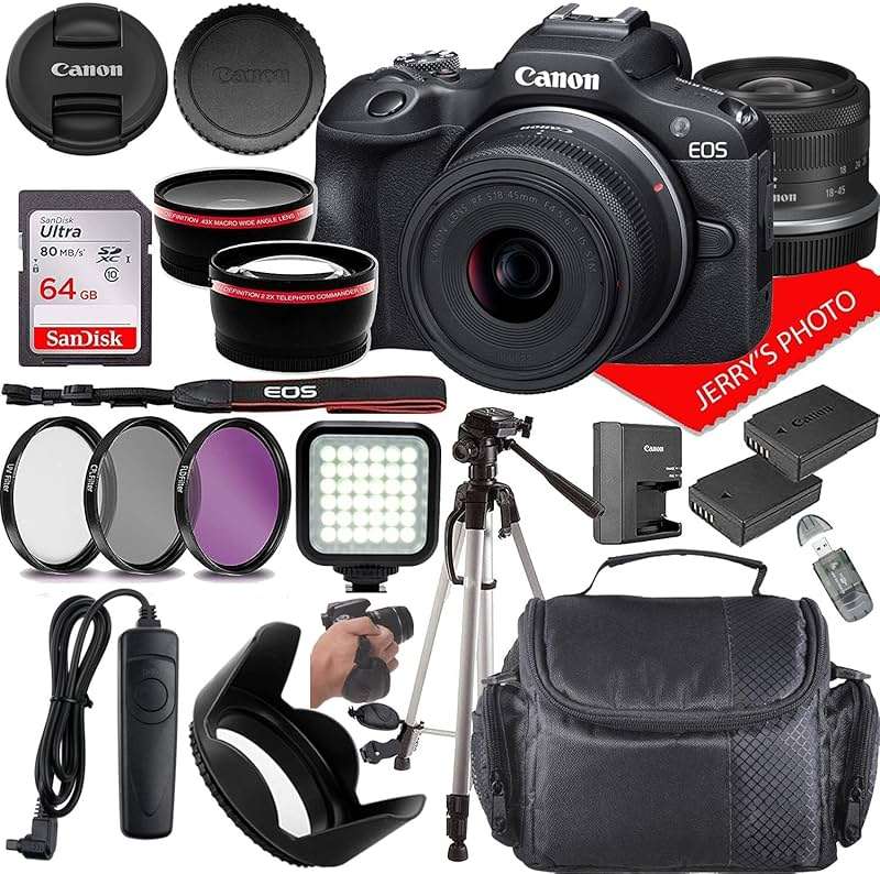 Canon EOS R100 Mirrorless Camera w/Canon RF-S 18-45mm f/4.5-6.3 IS STM Lens + Extra Battery + Case + 64GB Memory (22pc Bundle) (Renewed) - Image 1
