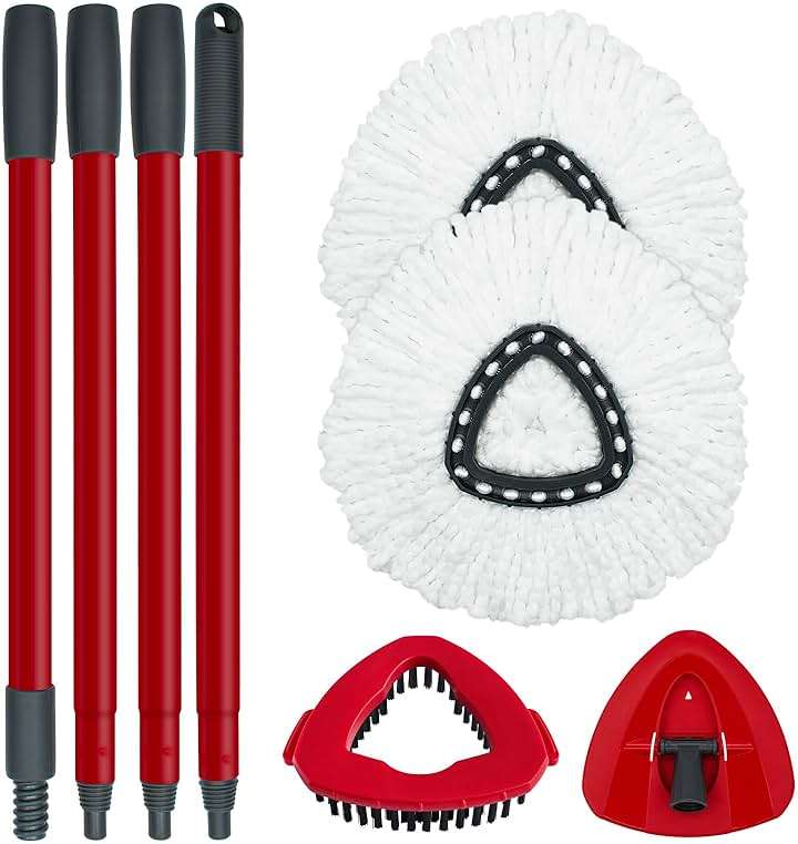 Spin Mop Replace Head, Base, Mop Handle Replacement for OCedar EasyWring 1 Tank System, Include 2 Microfiber Mop Head Replacement, 1 Sturdy Iron 30-58" Mop Handle, 1 Scrubber Head, 1 Spin Base - Image 1