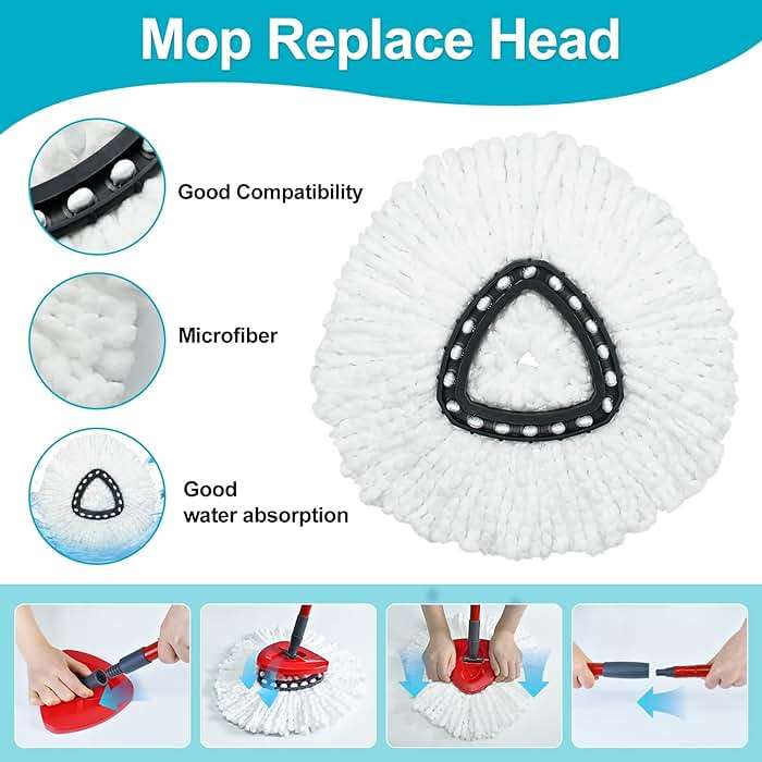 Spin Mop Replace Head, Base, Mop Handle Replacement for OCedar EasyWring 1 Tank System, Include 2 Microfiber Mop Head Replacement, 1 Sturdy Iron 30-58" Mop Handle, 1 Scrubber Head, 1 Spin Base - Image 3