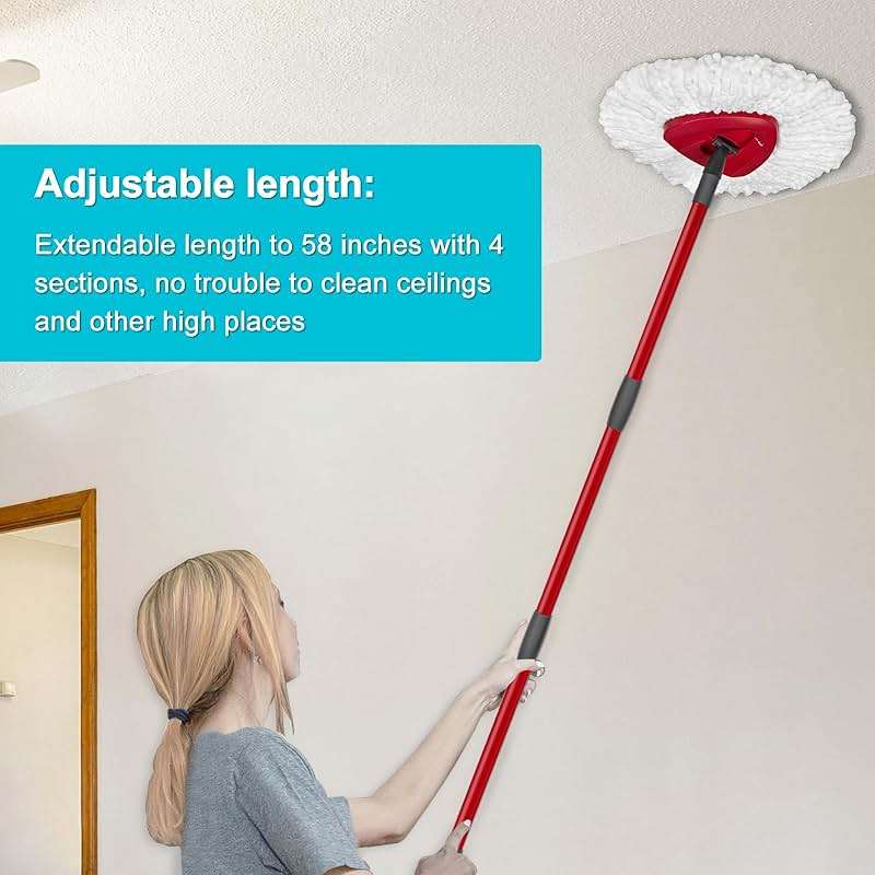 Spin Mop Replace Head, Base, Mop Handle Replacement for OCedar EasyWring 1 Tank System, Include 2 Microfiber Mop Head Replacement, 1 Sturdy Iron 30-58" Mop Handle, 1 Scrubber Head, 1 Spin Base - Image 7