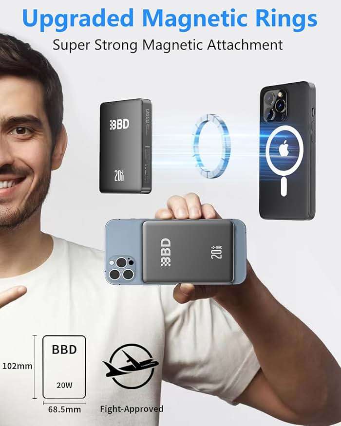 BBD Magnetic Power Bank for iPhone,12000mAh Magsafe Battery Pack with 20w Fast Charging,Slim Magsafe Power Bank USB C in&Out,Wireless Portable Charger for iPhone 16/15/14/13/12 Series 1 Pack - Image 5