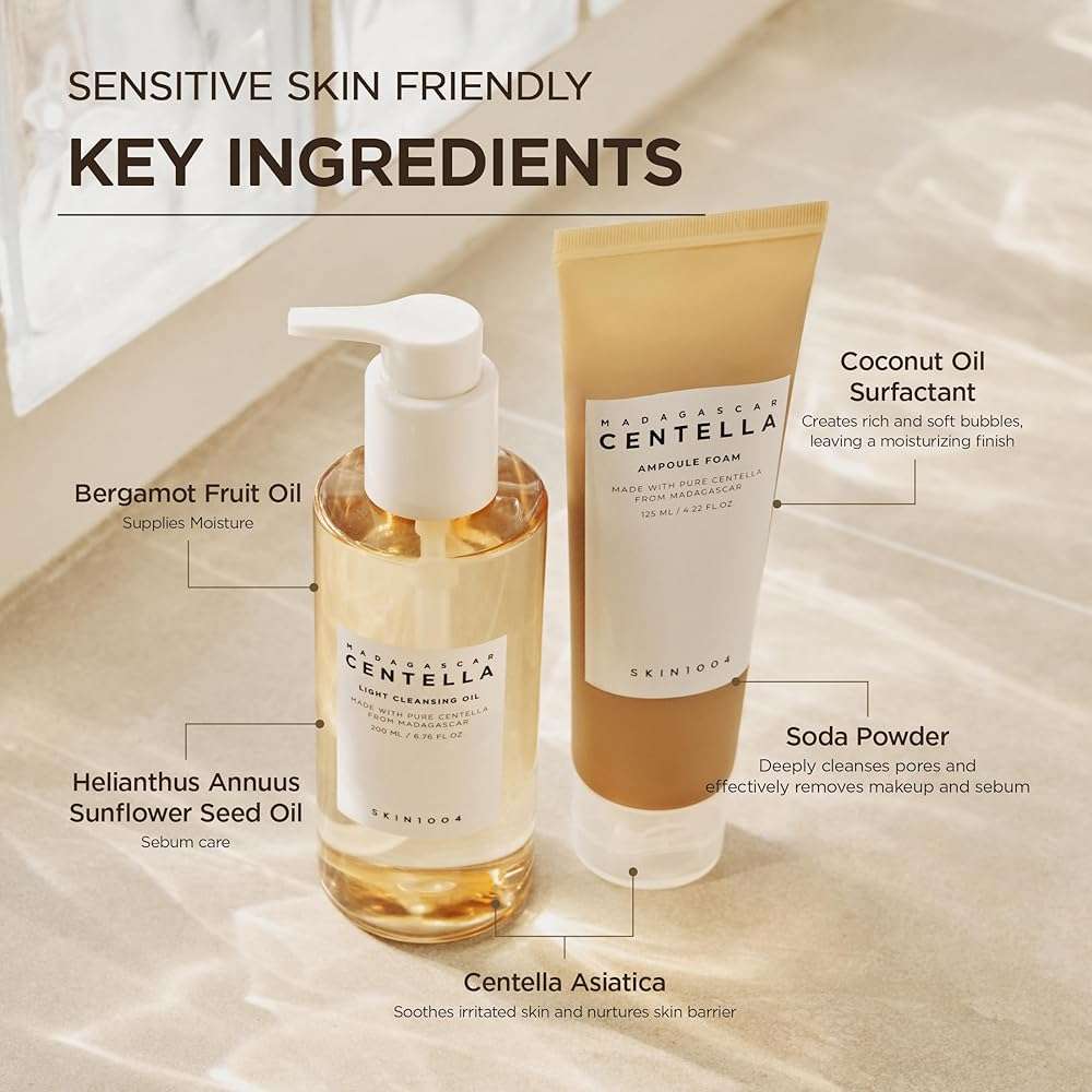 SKIN1004 Centella Double Cleansing Duo, Cleansing Oil 6.76 fl.oz & Ampoule Foam Cleanser 4.23 fl.oz, Korean Gentle Face Cleanser Gift Set, Makeup Remover with Madagascar Centella, Korean Skincare - Image 7