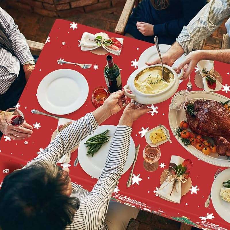 Christmas Tablecloth, 2PCS Disposable Red Plastic Tablecloth, 54 x 108 Inch Christmas Decorations Table Cloth, Xmas Tree Snowman Table Cover for Rectangle Tables for Xmas Holiday Party Favors Supplies - Image 2