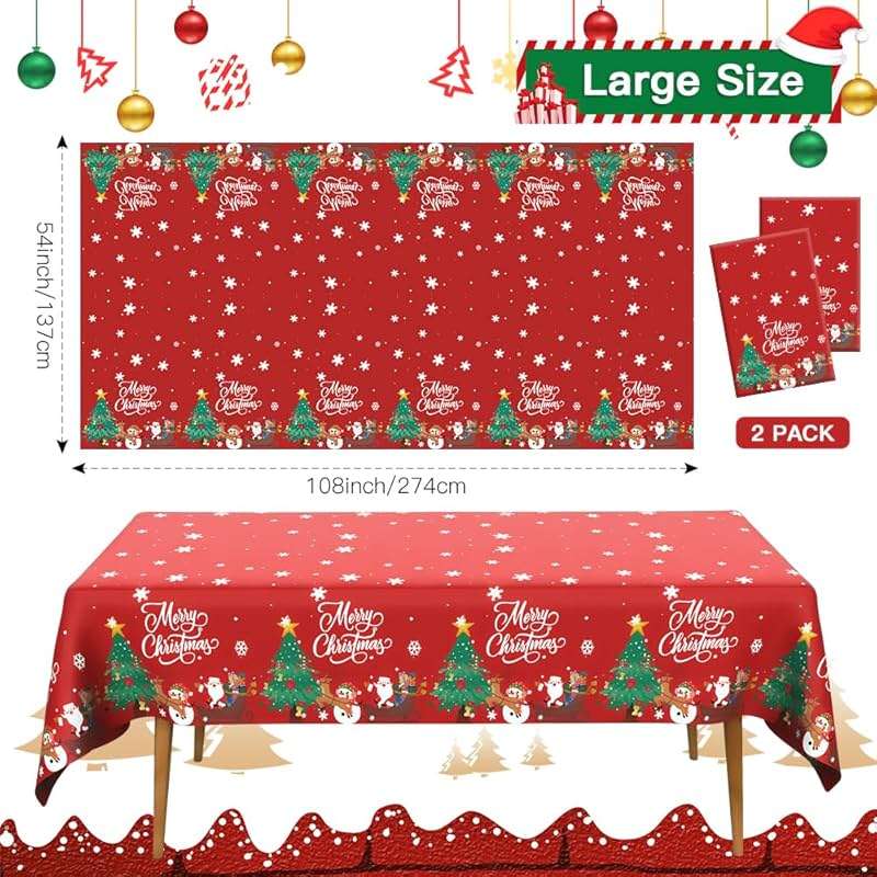 Christmas Tablecloth, 2PCS Disposable Red Plastic Tablecloth, 54 x 108 Inch Christmas Decorations Table Cloth, Xmas Tree Snowman Table Cover for Rectangle Tables for Xmas Holiday Party Favors Supplies - Image 3